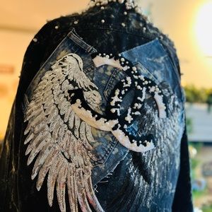🗣️MOST POPULAR Chanel inspired Custom Black Denim Jacket with Pearls🔥🔥🔥